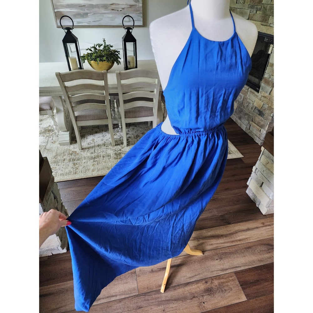 Gianni Bini Royal Blue Halter Cut-Out‎ Maxi Dress Open Tie Back Small - Picture 4 of 9